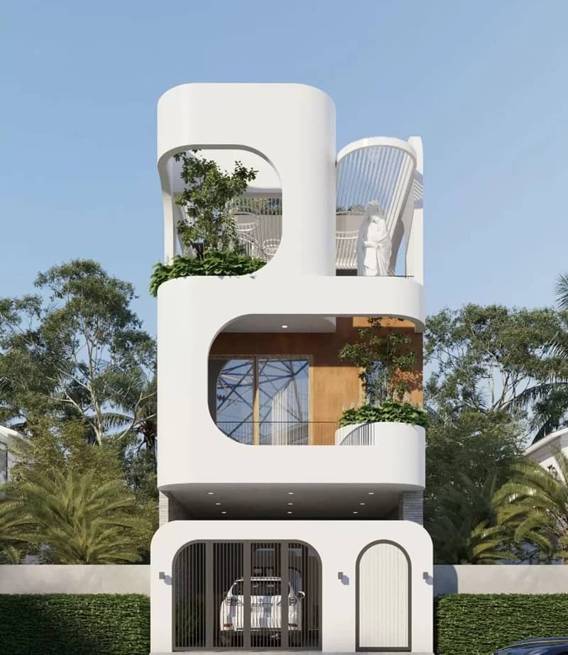 mẫu thiết kế nhà 1 trệt 2 lầu 1 sân thượng hiện đại