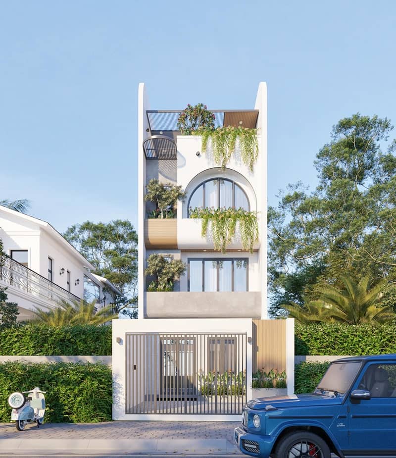 mẫu thiết kế nhà 1 trệt 2 lầu 1 sân thượng hiện đại