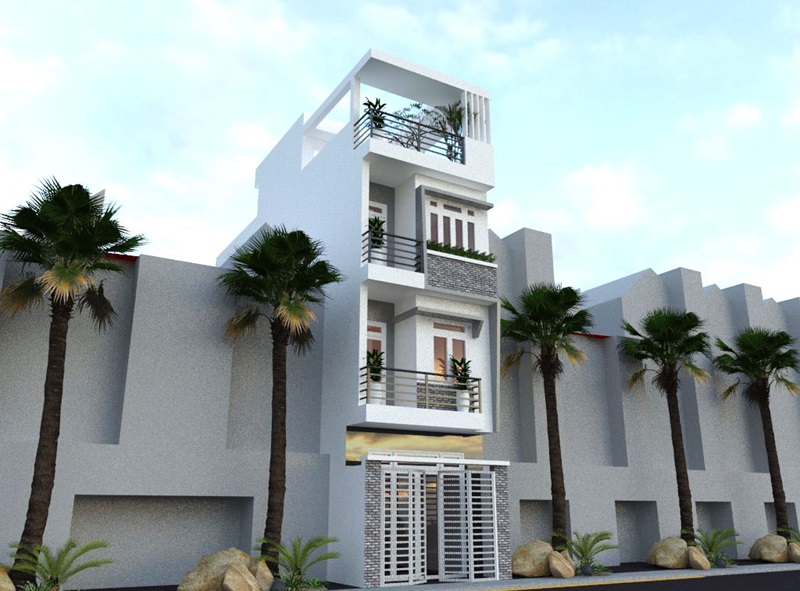 mẫu thiết kế nhà 1 trệt 2 lầu 1 sân thượng hiện đại