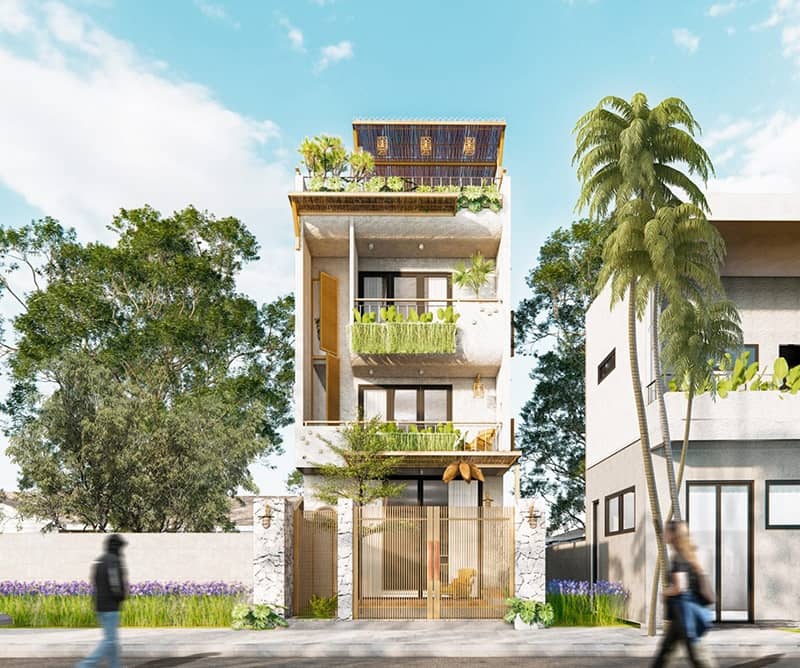 mẫu thiết kế nhà 1 trệt 2 lầu 1 sân thượng hiện đại