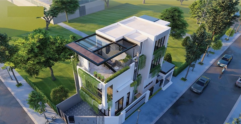 mẫu thiết kế nhà 1 trệt 2 lầu 1 sân thượng hiện đại