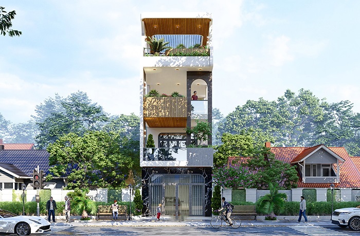 mẫu thiết kế nhà 1 trệt 2 lầu 1 sân thượng hiện đại