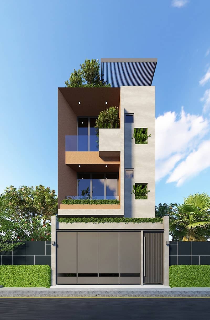 mẫu thiết kế nhà 1 trệt 2 lầu 1 sân thượng hiện đại