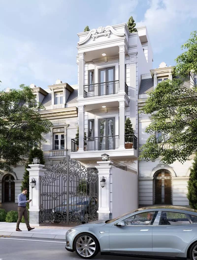 mẫu thiết kế nhà 1 trệt 2 lầu 1 sân thượng tân cổ điển