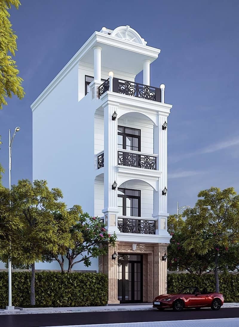 mẫu thiết kế nhà 1 trệt 2 lầu 1 sân thượng tân cổ điển