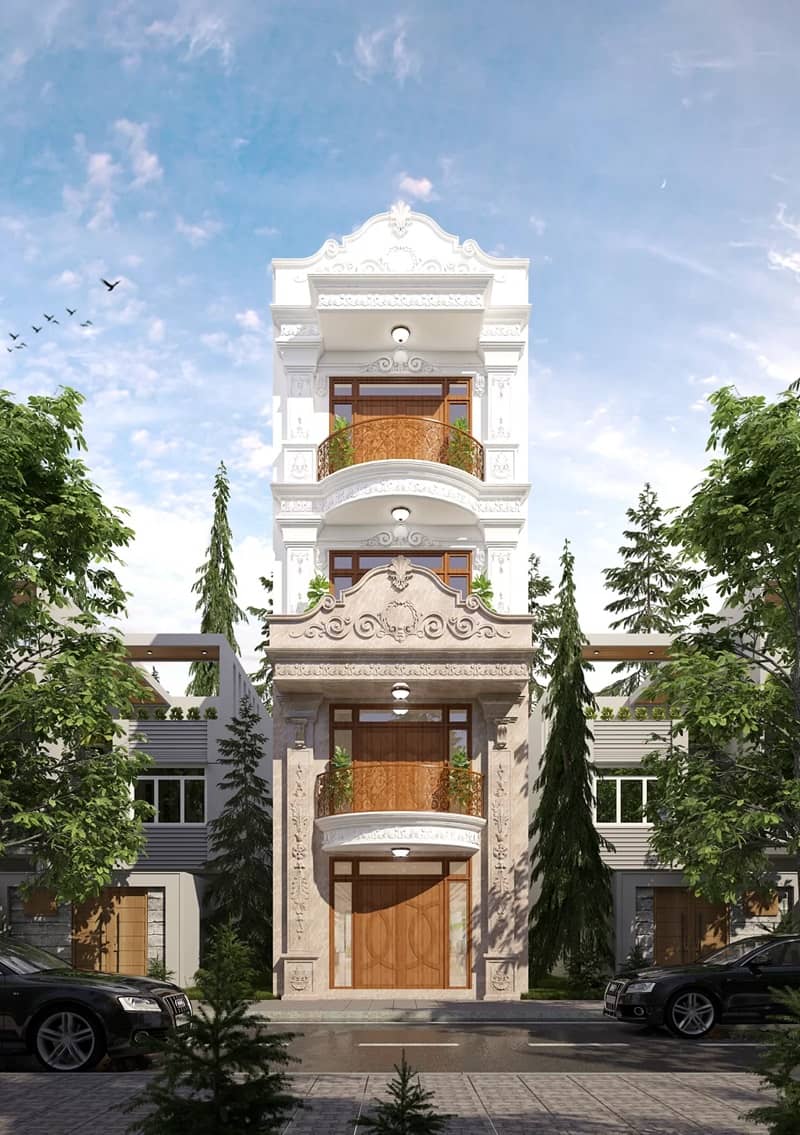 mẫu thiết kế nhà 1 trệt 2 lầu 1 sân thượng tân cổ điển