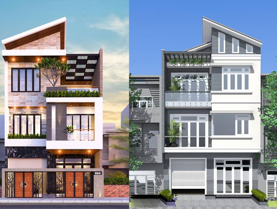 Mẫu thiết kế nhà 1 trệt 2 lầu mái lệch