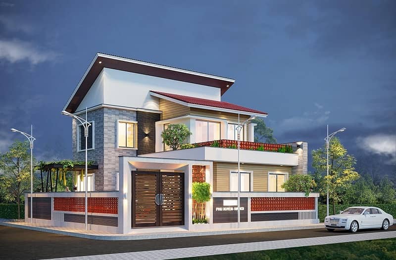 Mẫu thiết kế nhà 1 trệt 2 lầu mái lệch