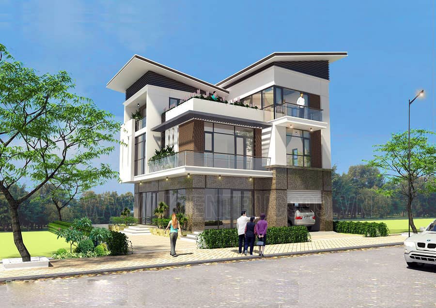 Mẫu thiết kế nhà 1 trệt 2 lầu mái lệch