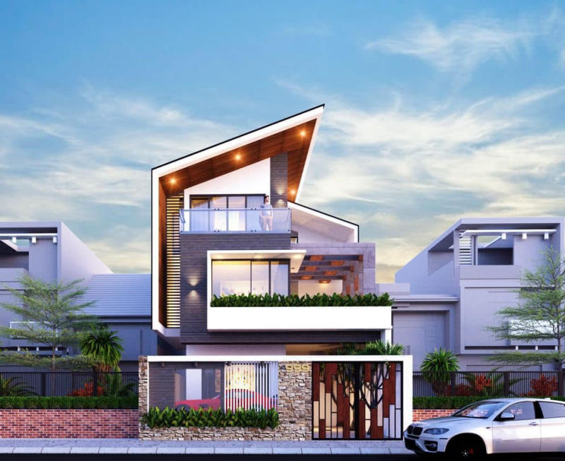 Mẫu thiết kế nhà 1 trệt 2 lầu mái lệch