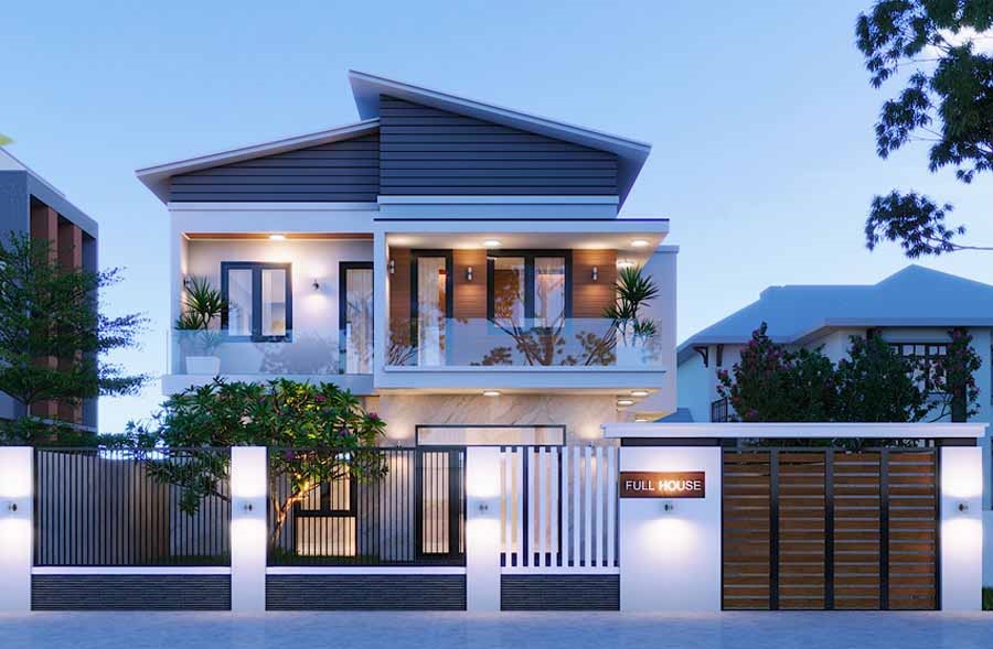 Mẫu thiết kế nhà ống 2 tầng mái lệch