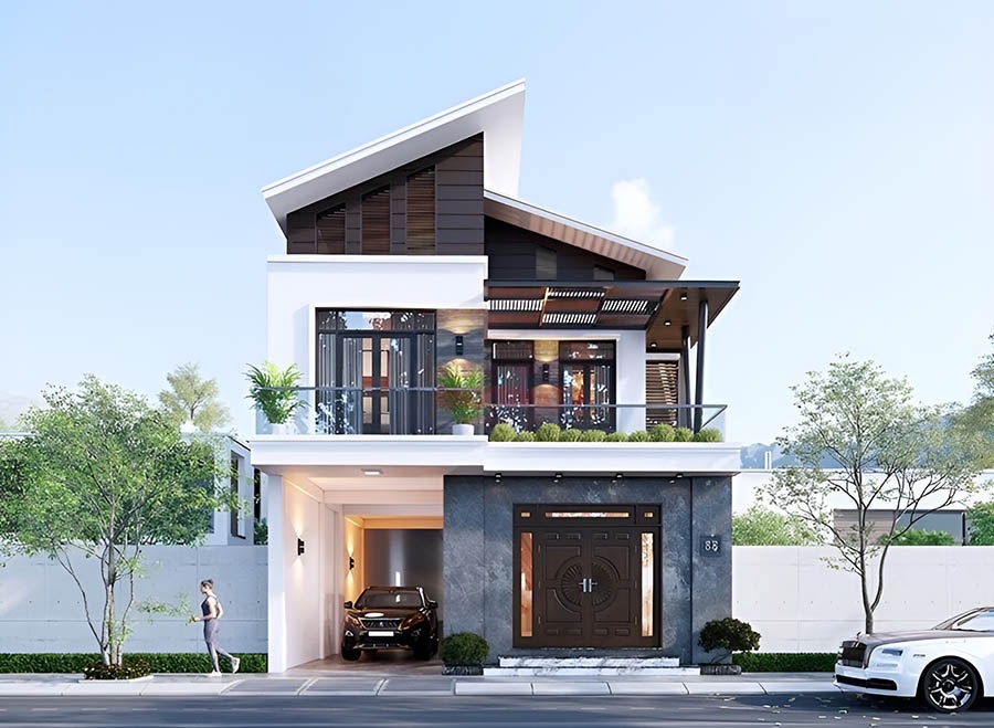 Mẫu thiết kế nhà ống 2 tầng mái lệch