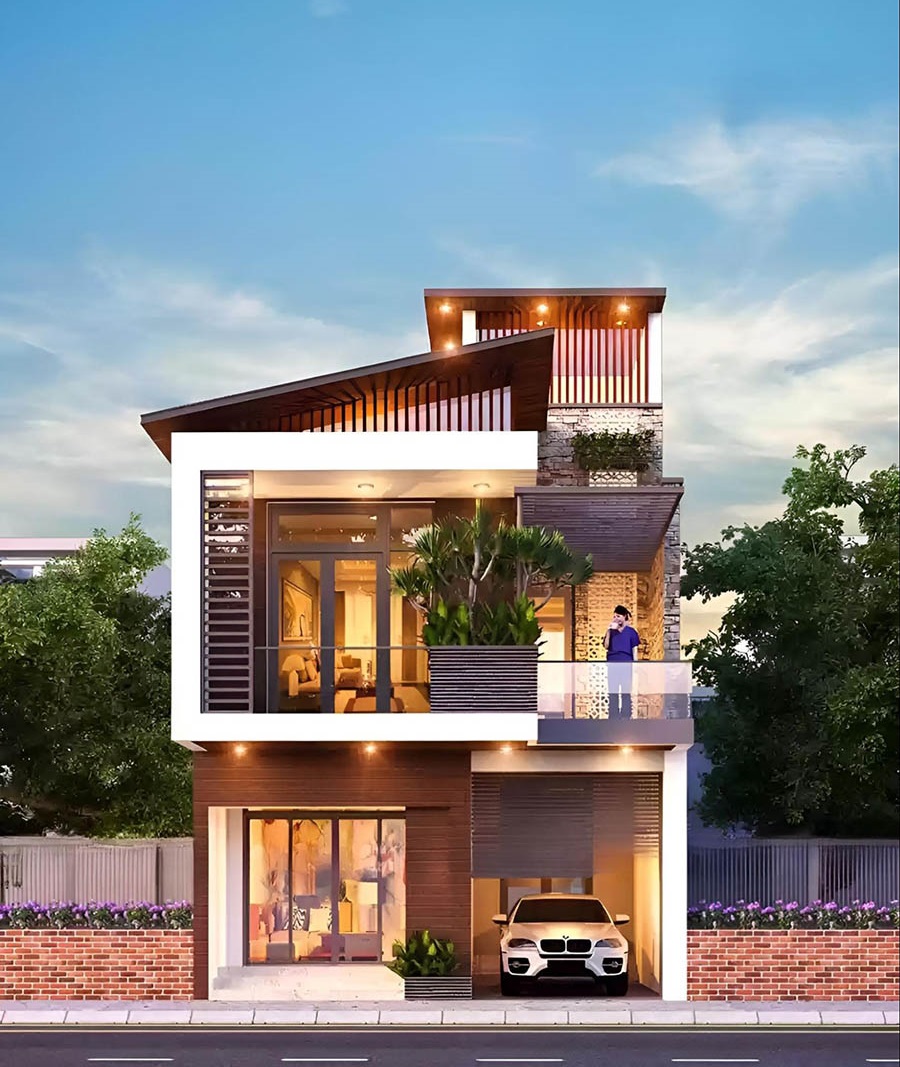 Mẫu thiết kế nhà ống 2 tầng mái lệch