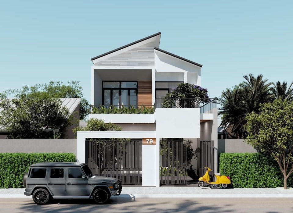 Mẫu thiết kế nhà ống 2 tầng mái lệch