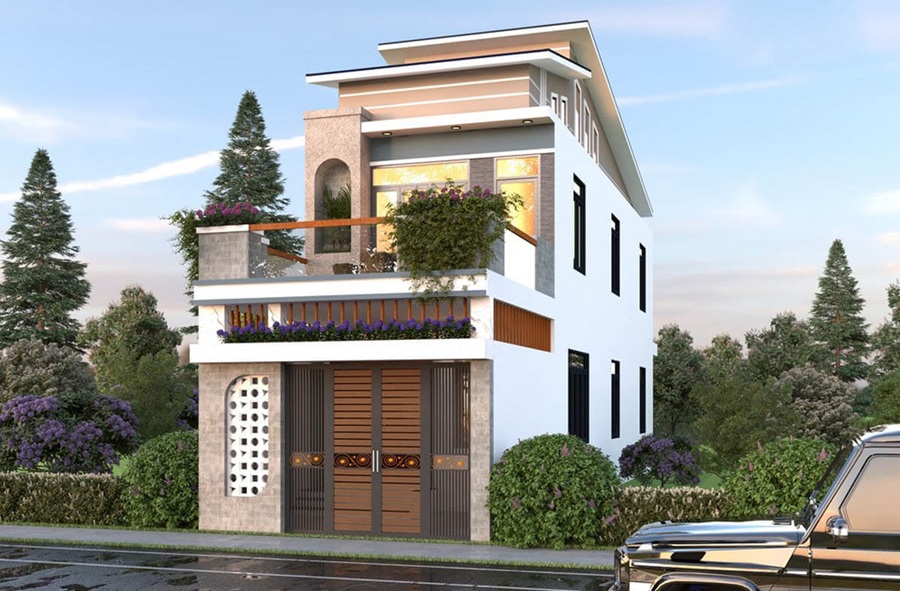 Mẫu thiết kế nhà ống 2 tầng mái lệch