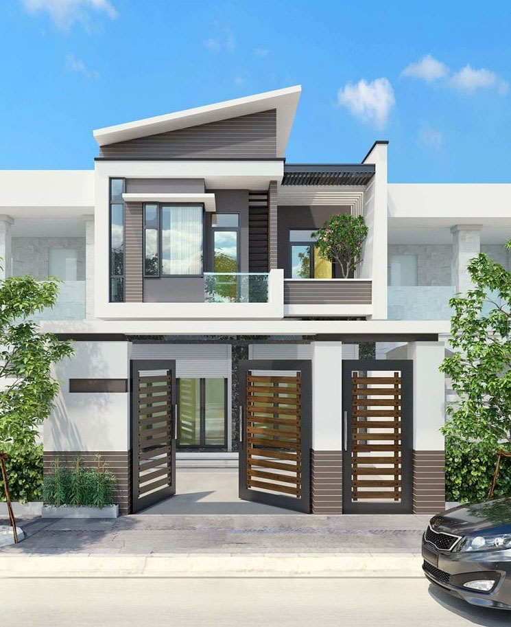 Mẫu thiết kế nhà ống 2 tầng mái lệch