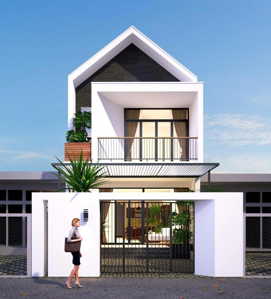 Mẫu thiết kế nhà ống 2 tầng mái lệch