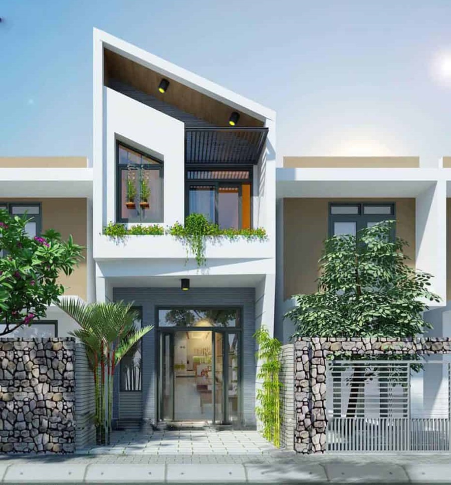 Mẫu thiết kế nhà ống 2 tầng mái lệch