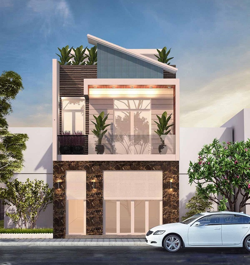 Mẫu thiết kế nhà ống 2 tầng mái lệch