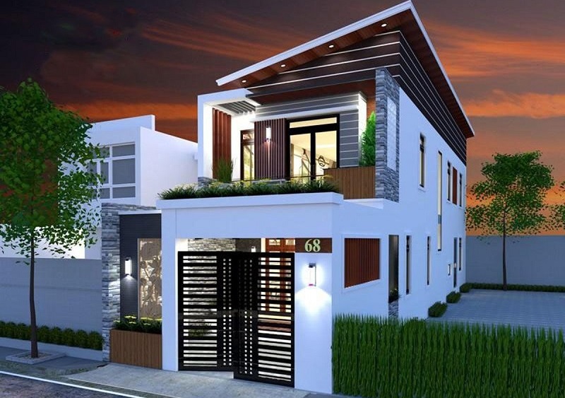 Mẫu thiết kế nhà ống 2 tầng mái lệch