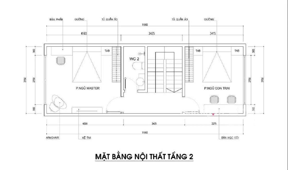 Bản vẻ nhà 5x10 2 tầng 3 phòng ngủ tầng 2