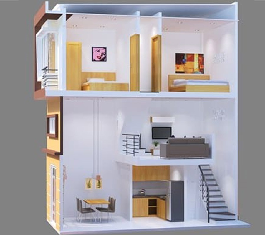 Mẫu thiết kế nhà 1 trệt 1 lửng 1 lầu 4x12