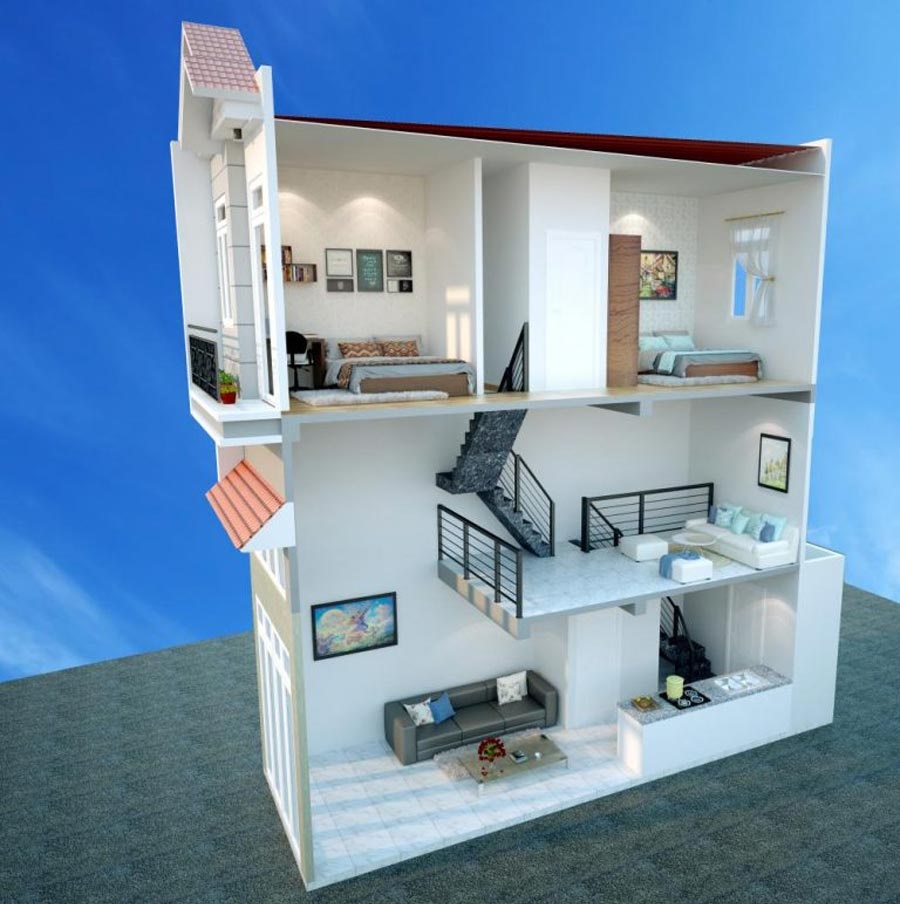 Mẫu thiết kế nhà 1 trệt 1 lửng 1 lầu 4x12