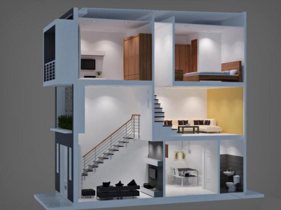 Mẫu thiết kế nhà 1 trệt 1 lửng 1 lầu 4x12