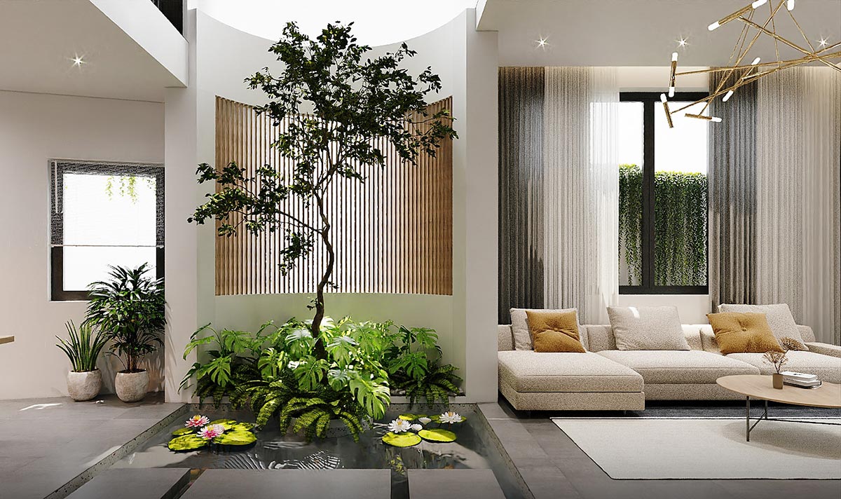 Mẫu thiết kế giếng trời cầu thang nhà ống đẹp thoáng mát