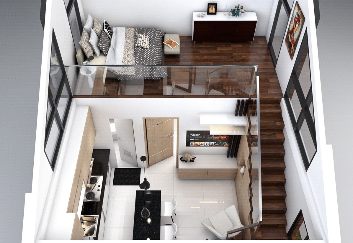 thiết kế nhà 5x10m 2 tầng 3 phòng ngủ có gác lửng