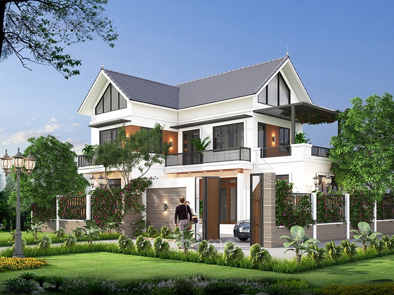 mẫu nhà chữ l 2 tầng mái thái